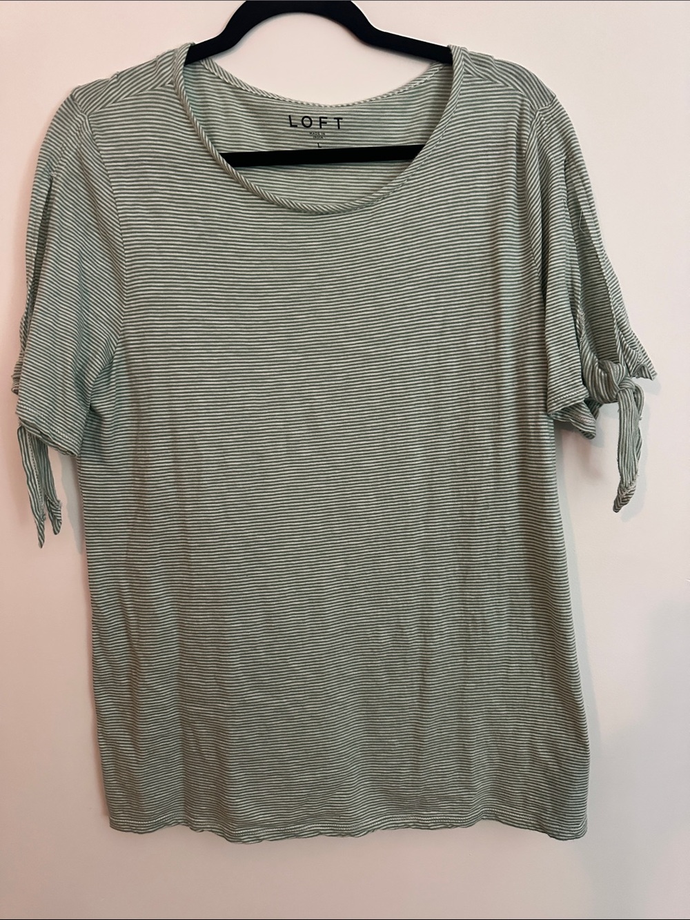 LOFT Green and White Striped Tie-Sleeve Short Sleeve Top